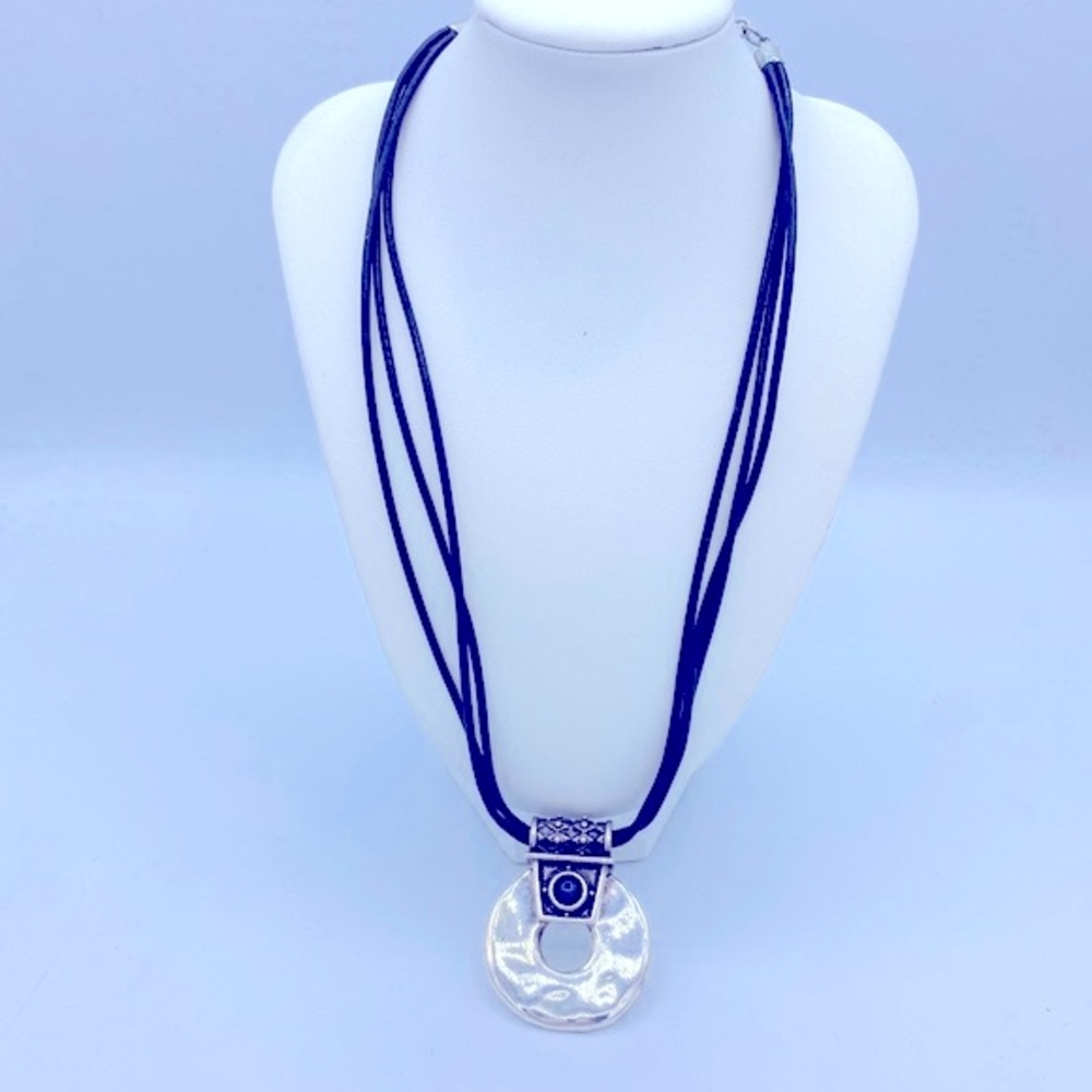 Chicos Black Leather Cords With A Silver Tone Decorative Pendant Necklace